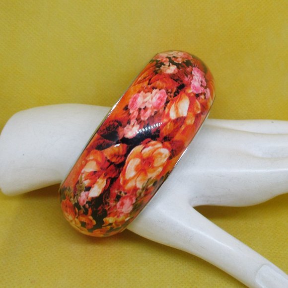 WIDE ENAMEL Cuff Bracelet Floral Enamel Bangle Cuff Bracelet Enamel SilverTone - Picture 6 of 9